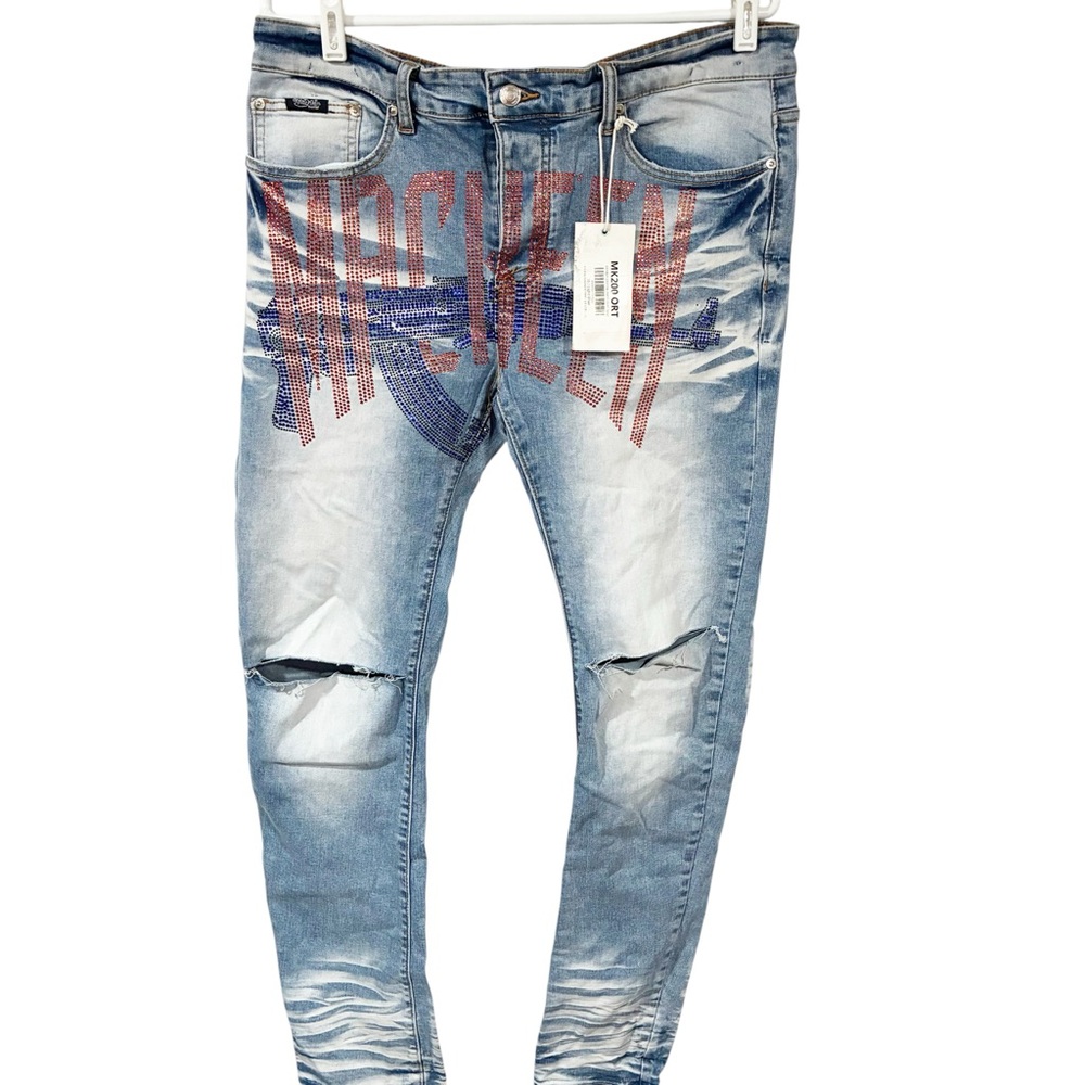 MACKEEN Medium Wash Gunner Crystal Ak Jean Pant Size 36 NEW